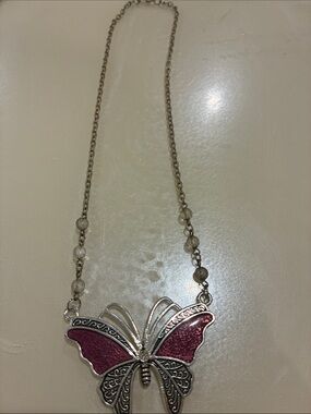Butterfly Pendant Necklace - Pink Silver Finish